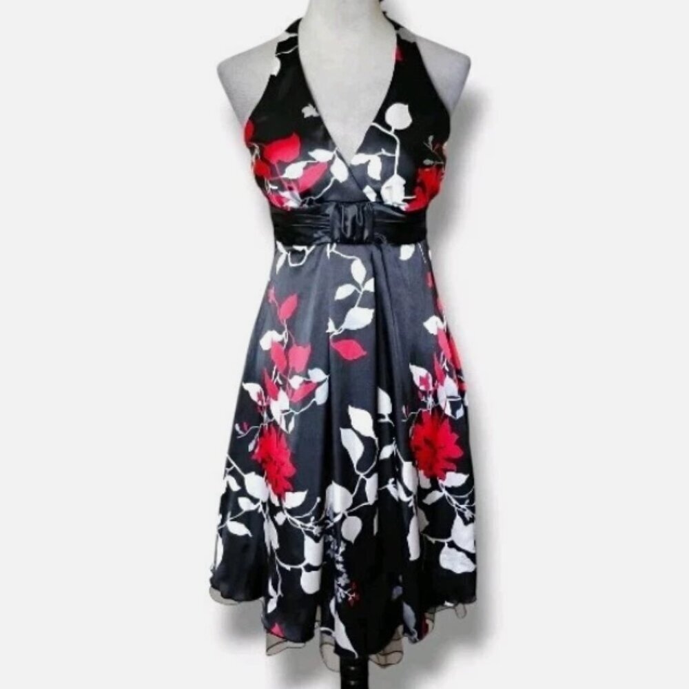 Speechless Y2K Red Black Silky Floral Halter Dress 5
